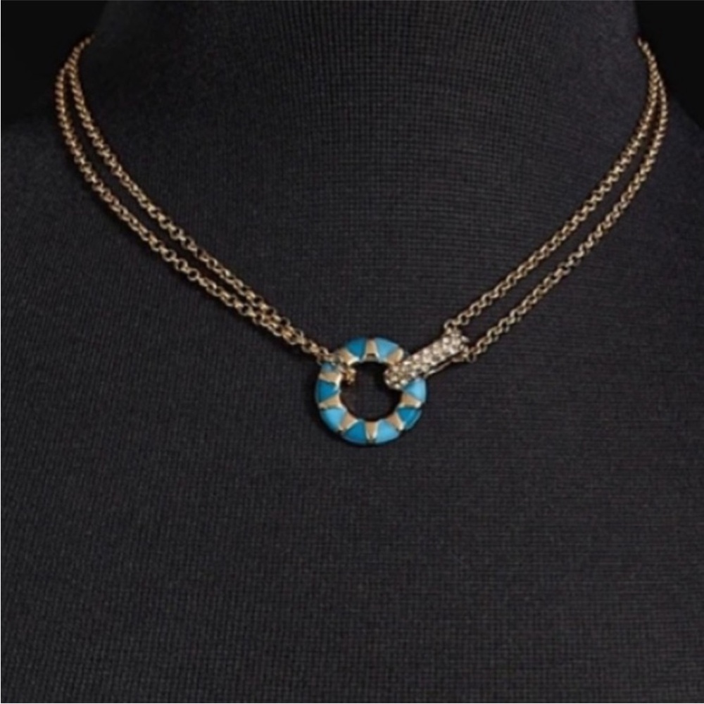 On 34th Gold-Tone Pave & Blue Color Circle Double Chain Pendant Necklace. NWT
